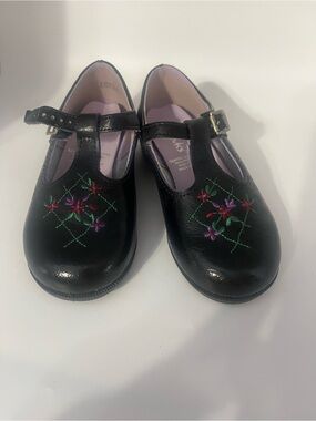 Girls Clarks Black Leather T-Strap Mary Jane Shoes with Floral Embroidery